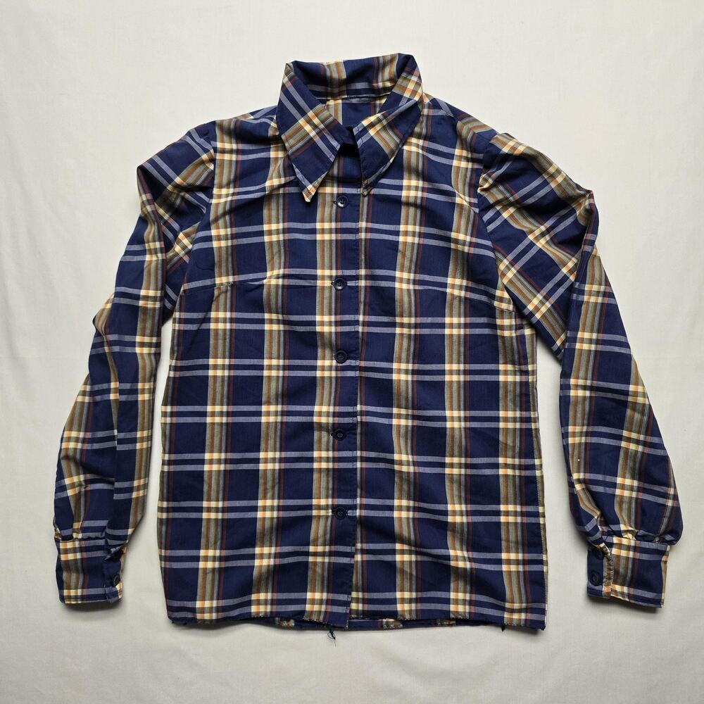 Vintage Plaid Button Down Shirt Womens M Blue Yellow Wide Collar Button Up